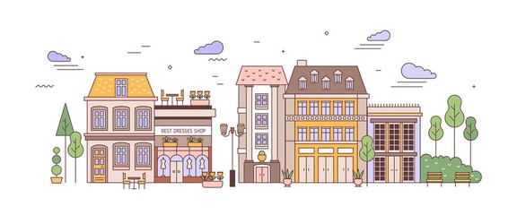 Fototapete - View of city or town street with exquisite antique residential buildings of European architecture. Urban landscape or cityscape with living houses. Colorful vector illustration in linear style.