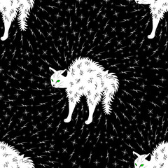 Angry white cat arched his back. Around him are lightning and stars. Seamless pattern.