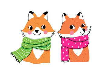 Canvas Print - Cartoon cute winter foxes vector.