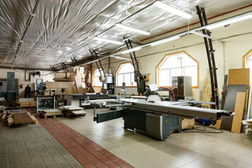 Wall Mural - Woodworking shop. Machine tools, tools, devices for processing wood products.