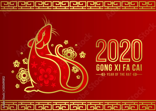 Happy Chineses New Year 2020 Banner Card With Red And Border Gold