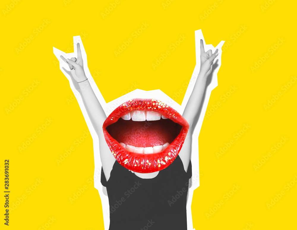 Stylish trendy collage of modern art. Screaming crazy mouth instead of head, giving a sign of rock and roll, a gesture of devil horns. Black and white tones on a yellow isolated background. - obrazy, fototapety, plakaty 