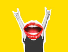 Stylish Trendy Collage Of Modern Art. Screaming Crazy Mouth Instead Of Head, Giving A Sign Of Rock And Roll, A Gesture Of Devil Horns. Black And White Tones On A Yellow Isolated Background.