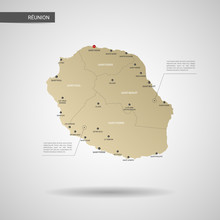 Stylized Vector Reunion Map.  Infographic 3d Gold Map Illustration With Cities, Borders, Capital, Administrative Divisions And Pointer Marks, Shadow; Gradient Background. 
