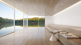 Perspective of modern luxury living room with timber seating area and side table on lake view background,Waiting area of sauna room - 3D rendering.