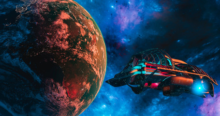 spaceship and earth with galaxy background ufo concept of alien spaceship planet earth maps by nasa 