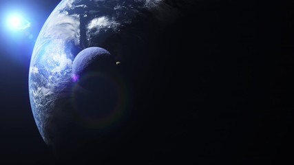 Wall Mural - conceptual two moons orbiting a large blue planet with deep shadows in space crossing past a large b