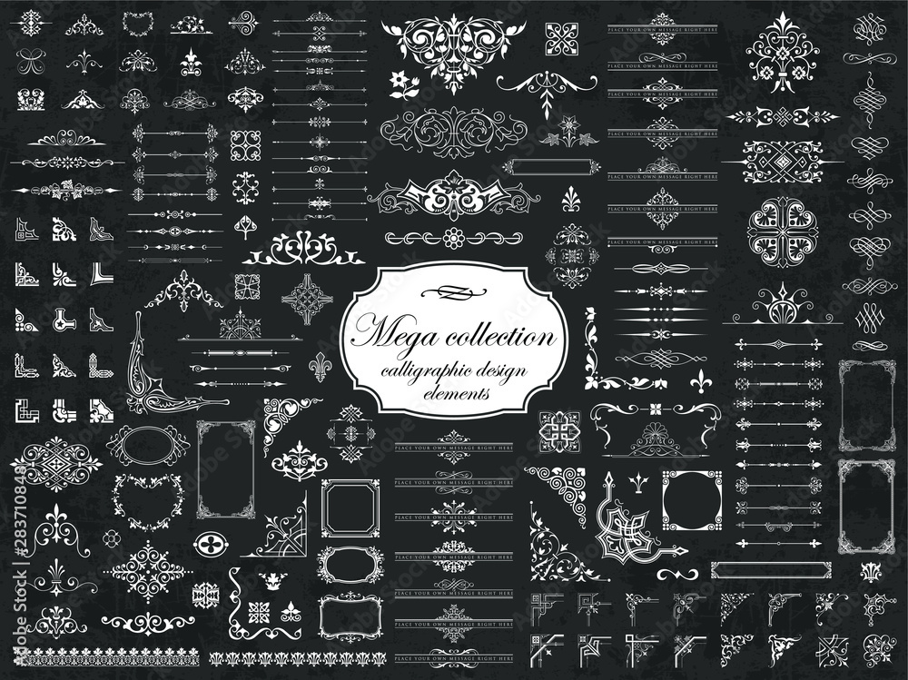 Mega set of vector calligraphic elements for design on chalkboard ...