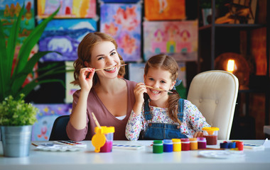 Wall Mural - mother and child daughter painting draws in creativity in kindergarten.