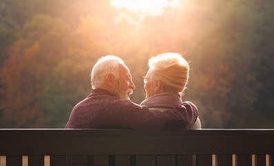 Senior couple sitting on bench in autumn park