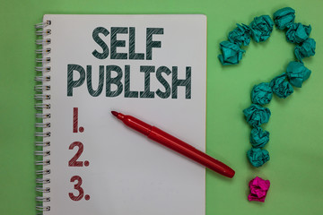 Handwriting text Self Publish. Concept meaning Published work independently and at own expense Indie Author Notebook marker crumpled papers forming question mark green background