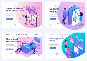 Wall Mural - set isometric landing pages, young people test and use mobile applications in social networks. for w