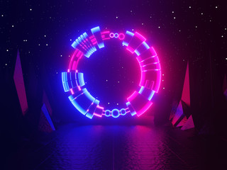 Wall Mural - Neon glowing gate, portal, entrance, abstract blue and pink background. 3d rendering.