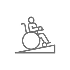 Sticker - Man in wheelchair, wheelchair ramp, people with mobility problems line icon.