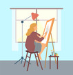 © robu_s - Person drawing images on canvas vector, hobby of woman on pastime human with brush. Paintbrush in hand of skilled artist, lady at home leisure interest