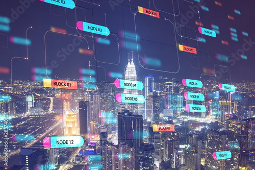 Fotografie, Tablou  Global technology concept with digital node tree screen and night megapolis city