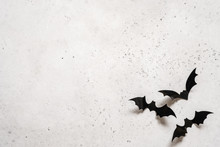 Halloween Decoration Concept - Black Bats On White Concrete Background