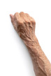 Hand of senior man holding something isolated on white. High resolution