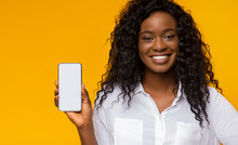 Pretty Afro Girl Showing Brand New Smartphone