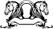 Two Heads Of Horses In Profile. Logo, Banner, Emblem With Horseshoe And Ribbon Scroll. Black And White Side View Vector