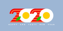 Colorful Numbers 2020 Look Like Eggs With Bacon And Greetings Of Happy And Tasty New Year. Modern Vector Illustration For Cover Of Food And Cook Theme Brochure Or Calendar