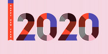 Happy New Year 2020 Design. Multicolored Abstract Numbers With Stripes And Ribbons On Pink Background. Elegant Vector Illustration In Retro Style For Holiday Calendar, Greeting Card, Flyer Or Banner