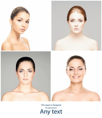 Beautiful, pure and healthy female faces. Portrait of young women in collage. Lifting, skincare, plastic surgery and make-up concept.