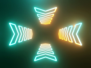 Wall Mural - Neon glowing arrow, pointer abstract green and yellow background. 3d rendering