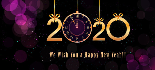 Wall Mural - 2020 happy new year text design with hanging golden numbers, ribbon bows and vintage clock on abstra