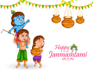 Poster - Kanha stealing makhan (cream) with Sudama and Balrama on Krishna Janmashtami festival background of India in vector