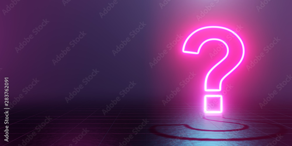 Neon glowing question mark abstract blue and pink background. 3d ...