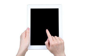 Tablet computer in female hands isolated on white background