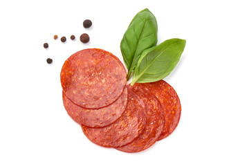 Wall Mural - Chorizo sausage slices, Traditional spanish sausage, isolated on white background