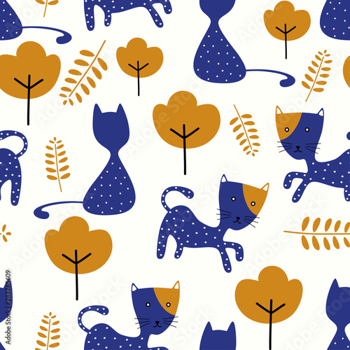 Cotton fabric Cute background nursery seamless pattern with funny cat. Vector illustration repeat ready for baby kids fashion textile print.