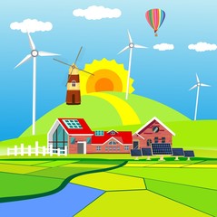 Wall Mural -  Flat Vector illustration of a beautiful  countryside scene  with farm houses, mountains and green fields