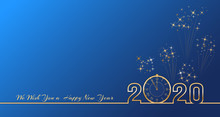 2020 Happy New Year Text Design With Golden Numbers And Vintage Clock On Blue Background With Fireworks. Holiday Banner, Poster, Greeting Card Or Invitation Template. End Of The Year Countdown.