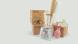 © alejomiranda - Moving scene with a chair and vase packed in plastic bubble with closed cardboard boxes and rolls of plastic and foam to pack on white background