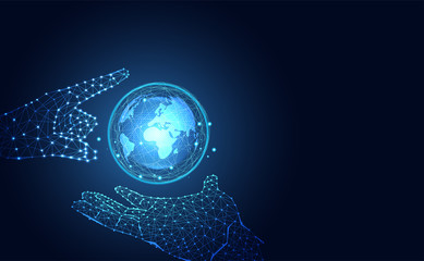 Wall Mural - abstract technology futuristic concept world and hand wireframe blue digital on hi tech future blue 