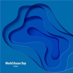 Wall Mural - Abstract blue square flyer in cut paper style. Cutout sea wave template for for save the Earth posters, World Water Day, eco brochures. Vector water applique card illustration