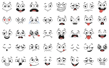 cartoon faces. expressive eyes and mouth, smiling, crying and surprised character face expressions. 