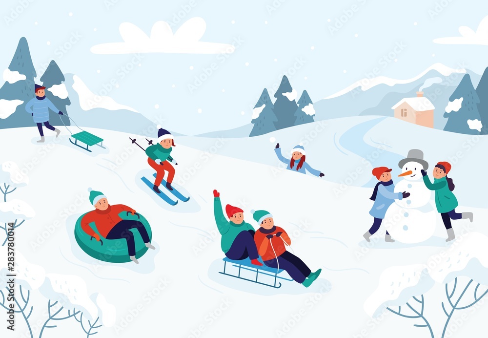 Kids riding sledding slide. Snow landscape, winter snowy fun activities. Sled speed riding or childhood holiday sledge ride game activity vector illustration - obrazy, fototapety, plakaty 