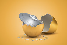 3d Rendering Of Light-grey Shiny Flying Saucer That Just Hatched Out From Golden Egg.
