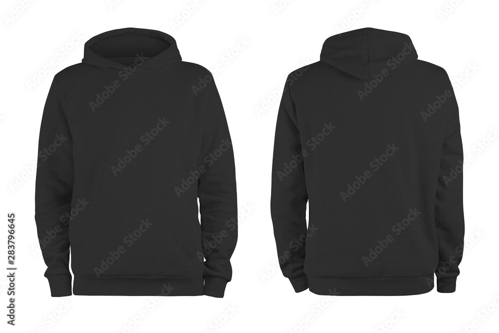 Men's black blank hoodie template,from two sides, natural shape on invisible mannequin, for your design mockup for print, isolated on white background