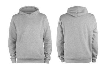 men's grey blank hoodie template,from two sides, natural shape on invisible mannequin, for your desi