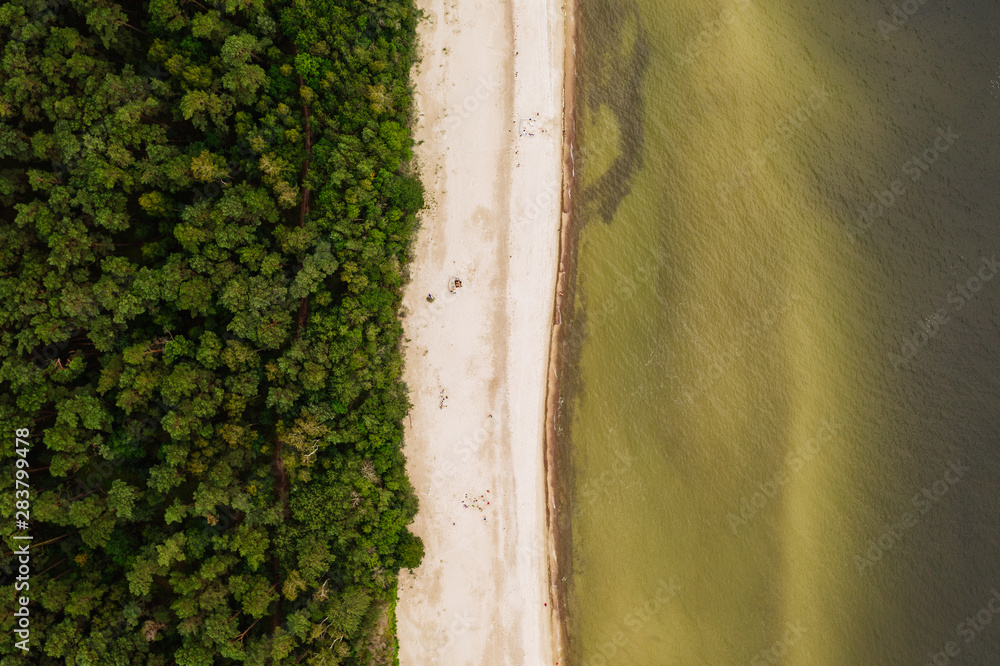 Aerial top-down view of a remote location on the Baltic sea shoreline.  - obrazy, fototapety, plakaty 
