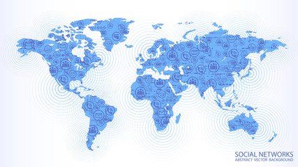 Wall Mural - Vector background. Light blue map of planet Earth with social icons. Global Internet. Technology and telecommunications. Countries and continents. Mobile communication and social networks.