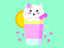 EPS 10 Vector. Cute Cat In Kawaii Style In A Cocktail.