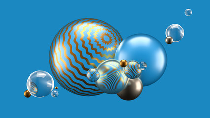 Beautiful abstract background with volume elements, balls, texture, lines. 3d illustration, 3d rendering.