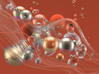 Beautiful abstract background with volume elements, balls, texture, lines. 3d illustration, 3d rendering.