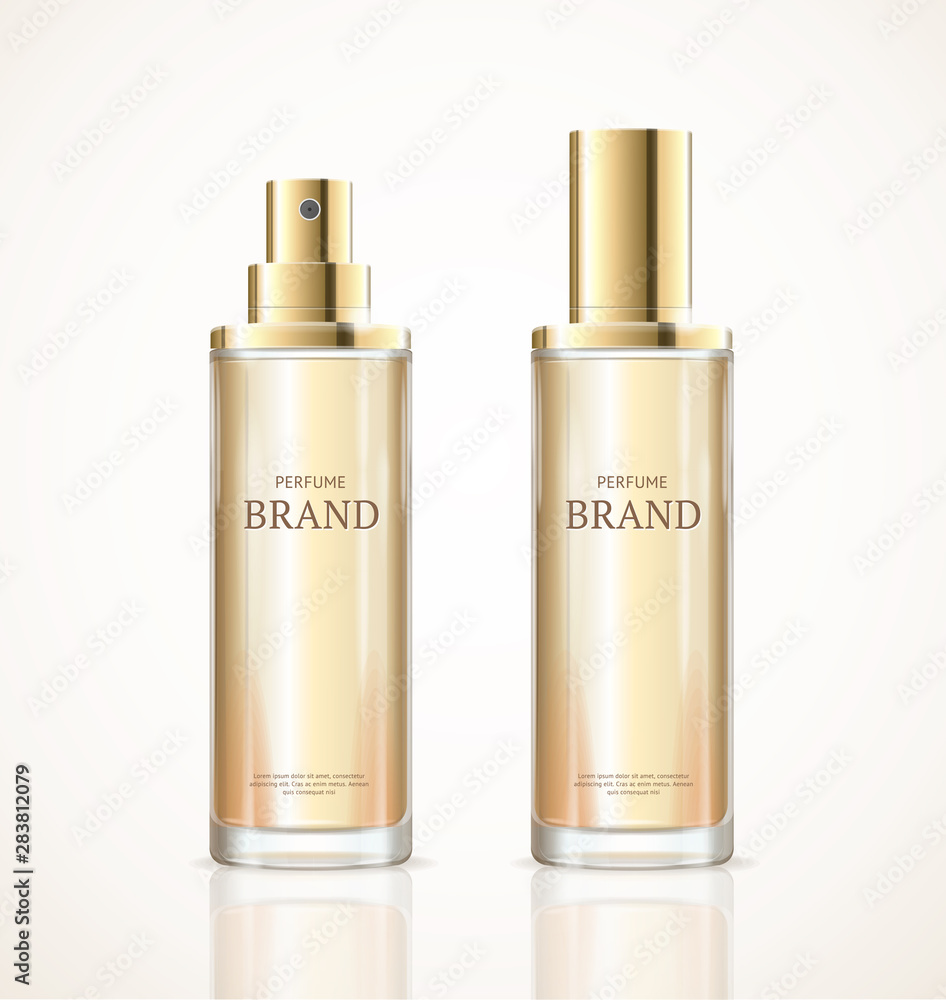 Realistic Detailed 3d Blank Perfume Bottle Gold Template Mockup Set ...